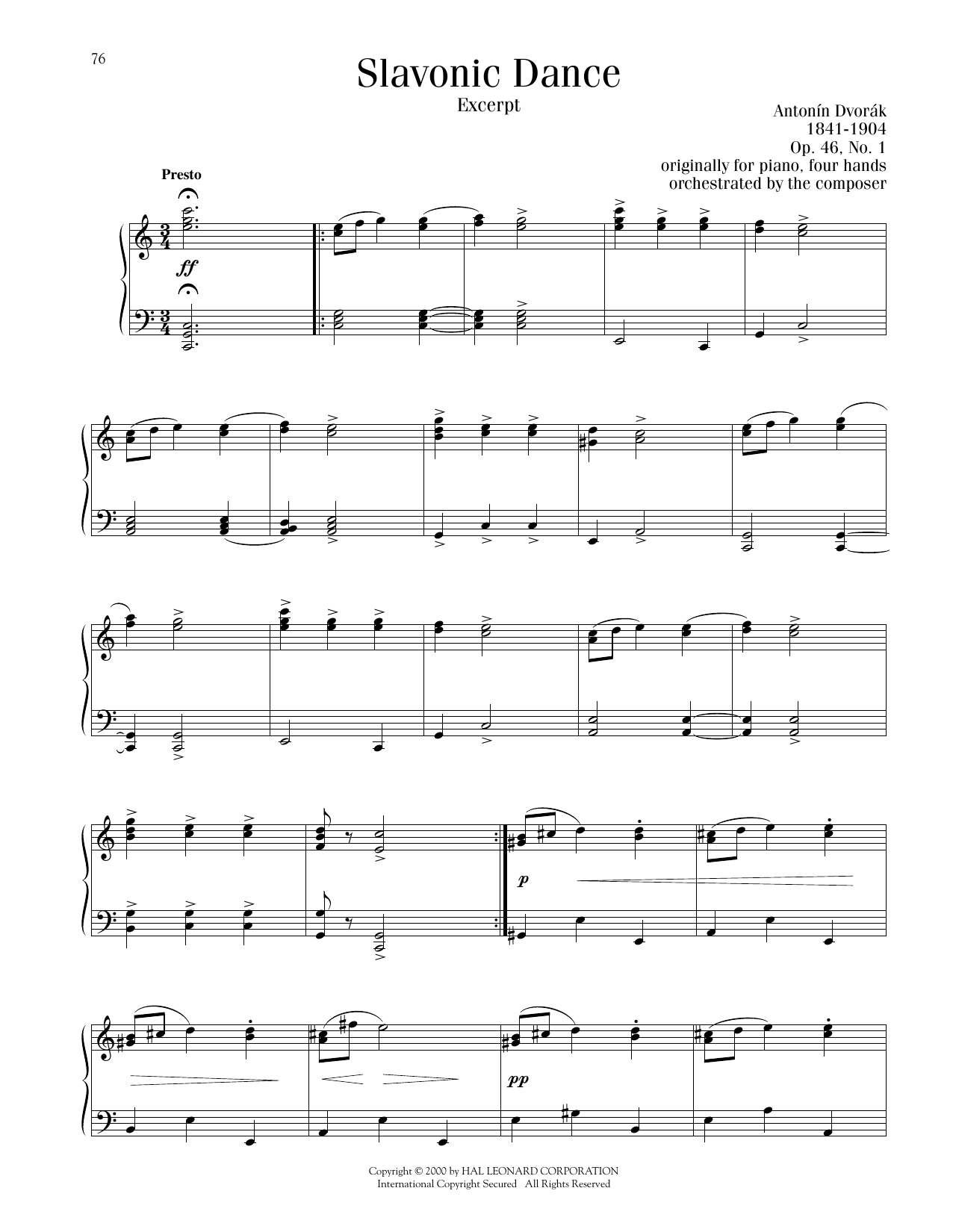 Antonin Dvorak Slavonic Dance #1 sheet music, chords, lyrics - Printable PDF for Piano Solo