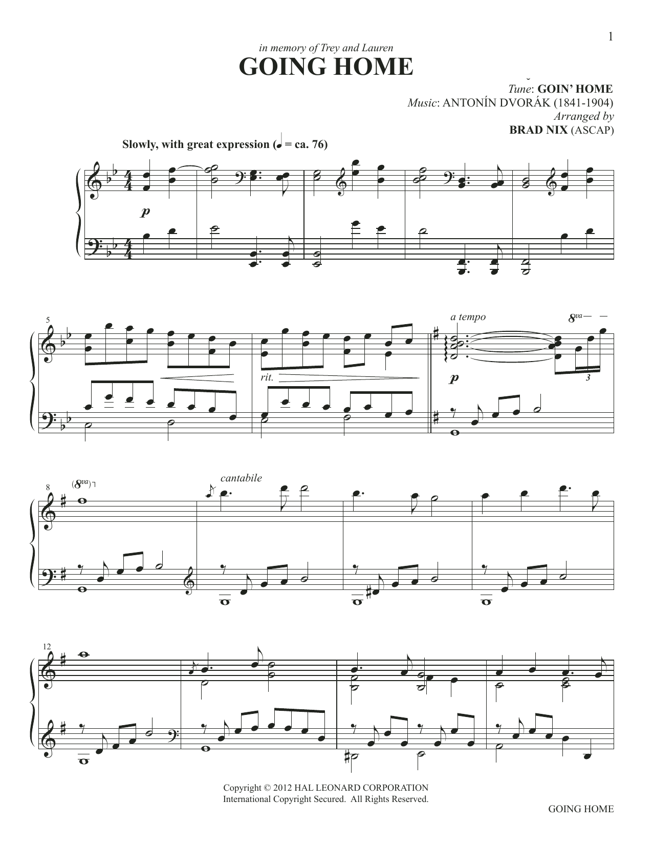 Antonin Dvorak Going Home (arr. Brad Nix) sheet music preview music notes and score for Piano Solo including 5 page(s)