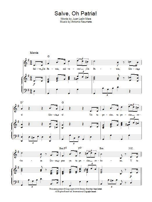 Antonio Neumane Salve, Oh Patria! (Ecuadorian National Anthem) sheet music, chords, lyrics - Printable PDF for Piano, Vocal & Guitar (Right-Hand Melody)