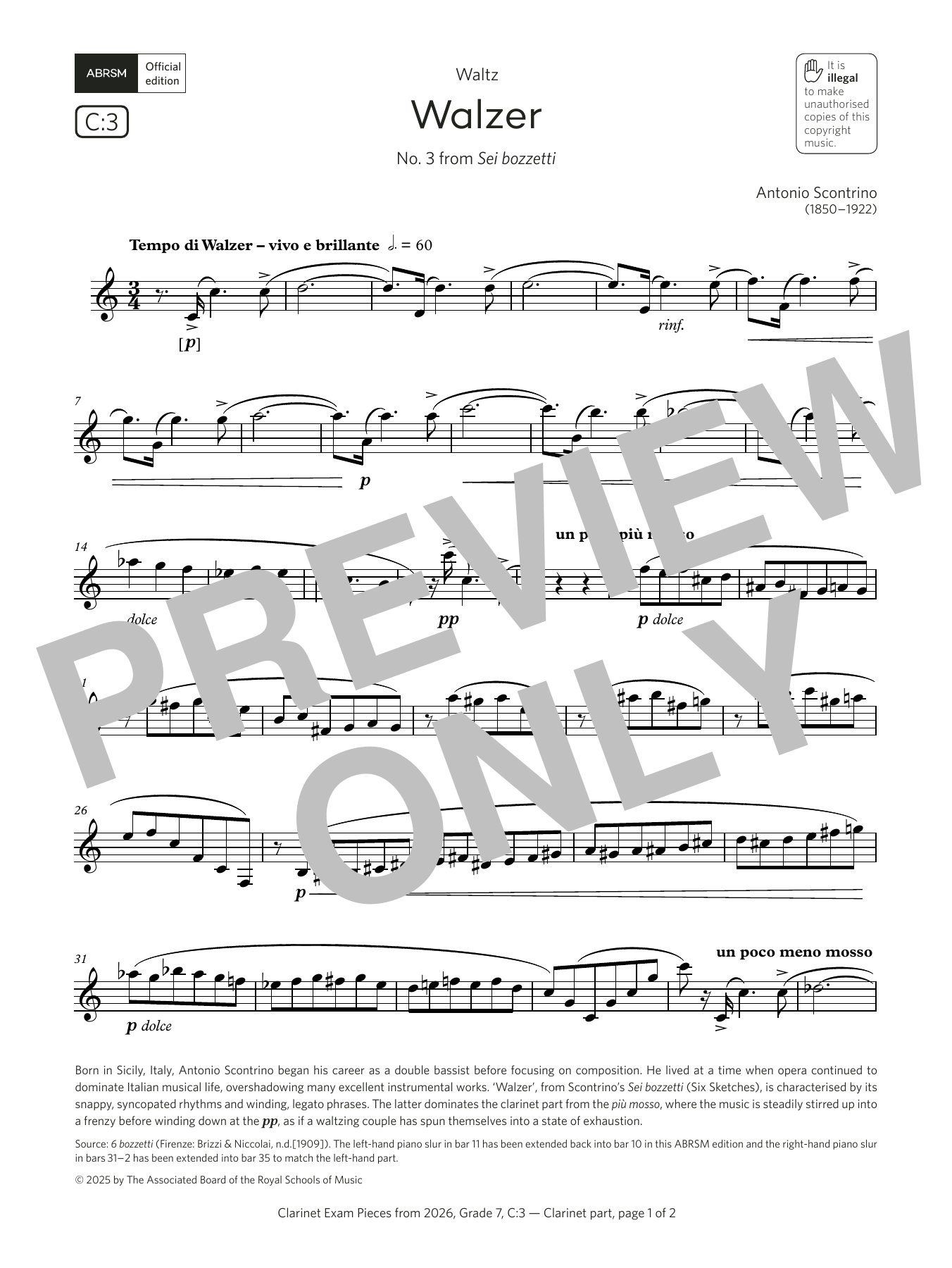 Antonio Scontrino Walzer (Grade 7, list C3, from the ABRSM Clarinet Syllabus from 2026) sheet music, chords, lyrics - Printable PDF for Clarinet Solo