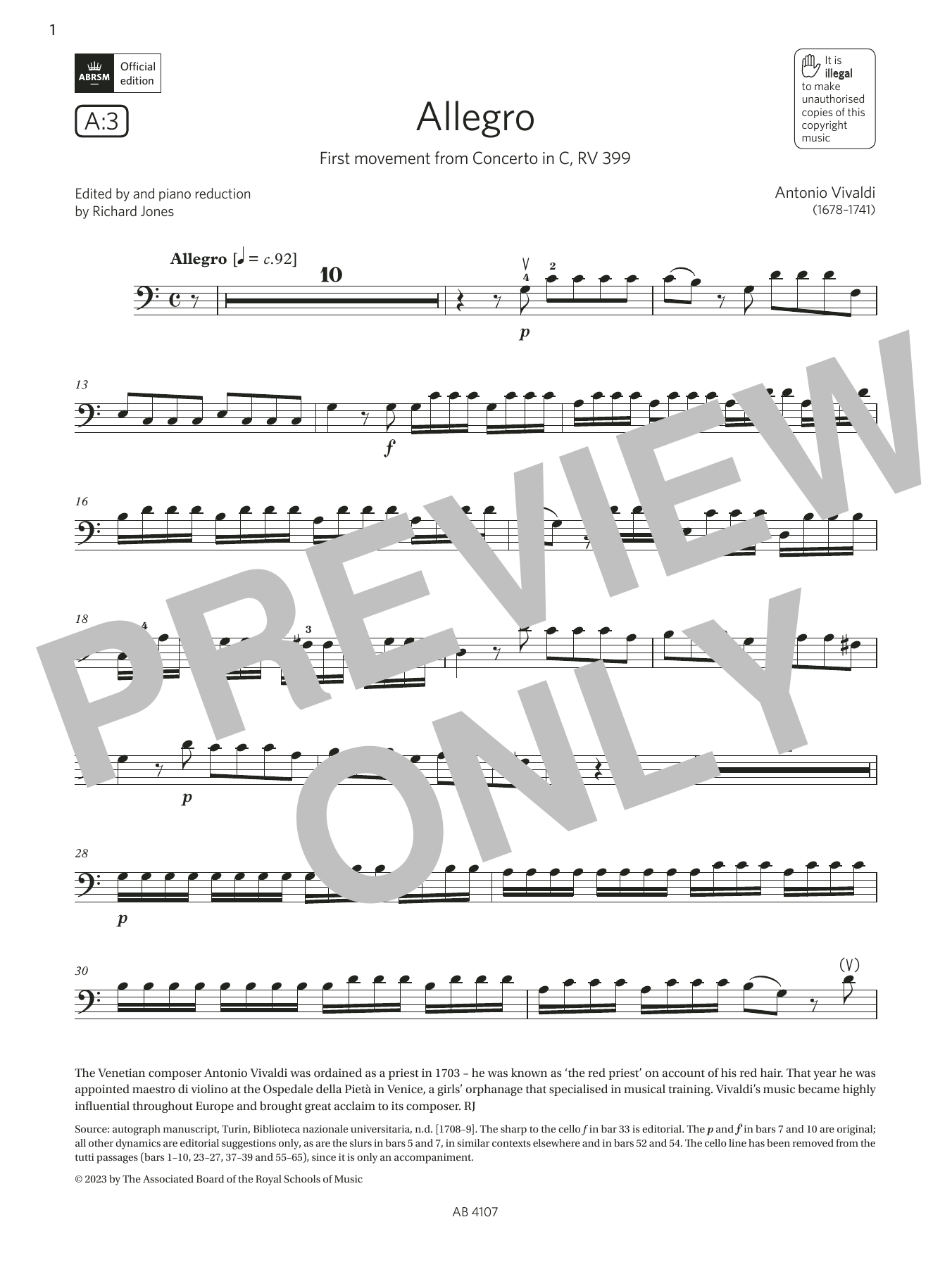 Antonio Vivaldi Allegro (Grade 4, A3, from the ABRSM Cello Syllabus from 2024) sheet music, chords, lyrics - Printable PDF for Cello Solo