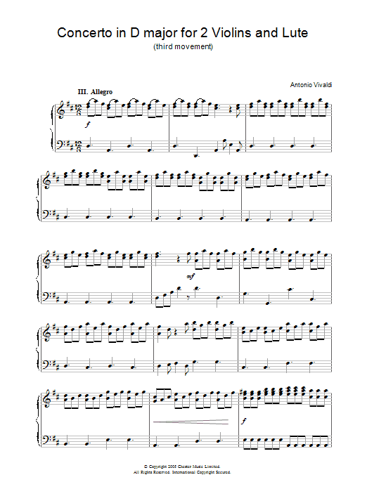 Antonio Vivaldi Concerto in D major for 2 Violins and Lute (3rd Movement) sheet music, chords, lyrics - Printable PDF for Piano
