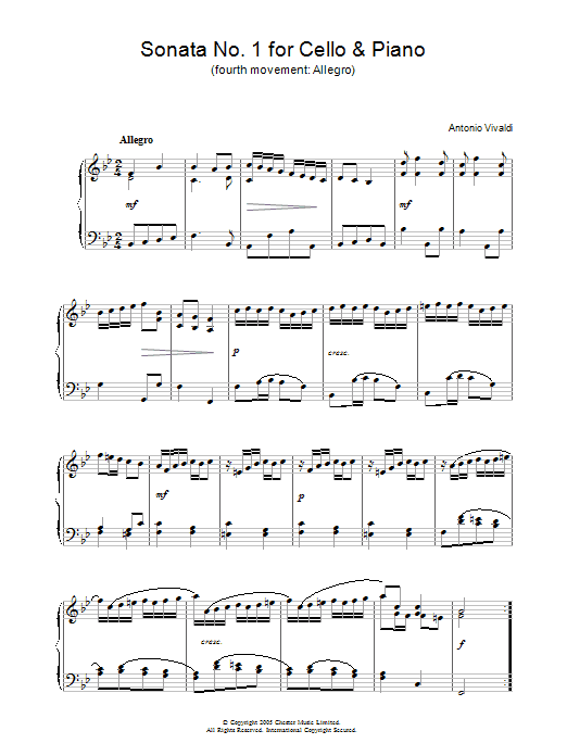 Antonio Vivaldi Sonata No.1 for Cello & Piano (4th Movement: Allegro) sheet music, chords, lyrics - Printable PDF for Piano