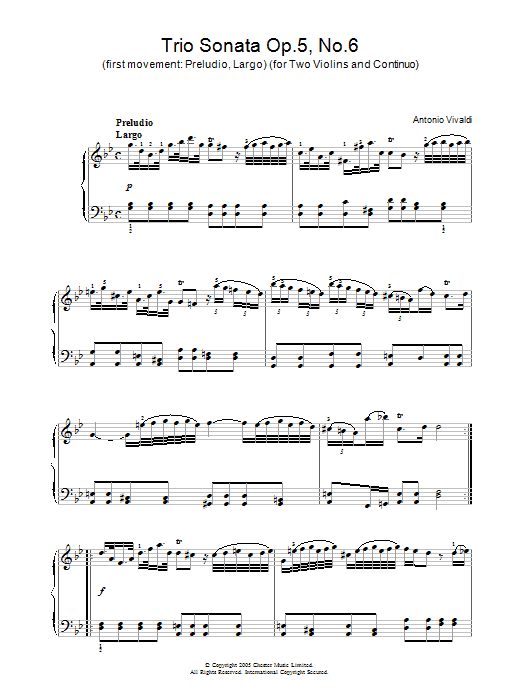 Antonio Vivaldi Trio Sonata Op.5, No.6 (1st Movement: Preludio, Largo) (for Two Violins and Continuo) sheet music, chords, lyrics - Printable PDF for Piano