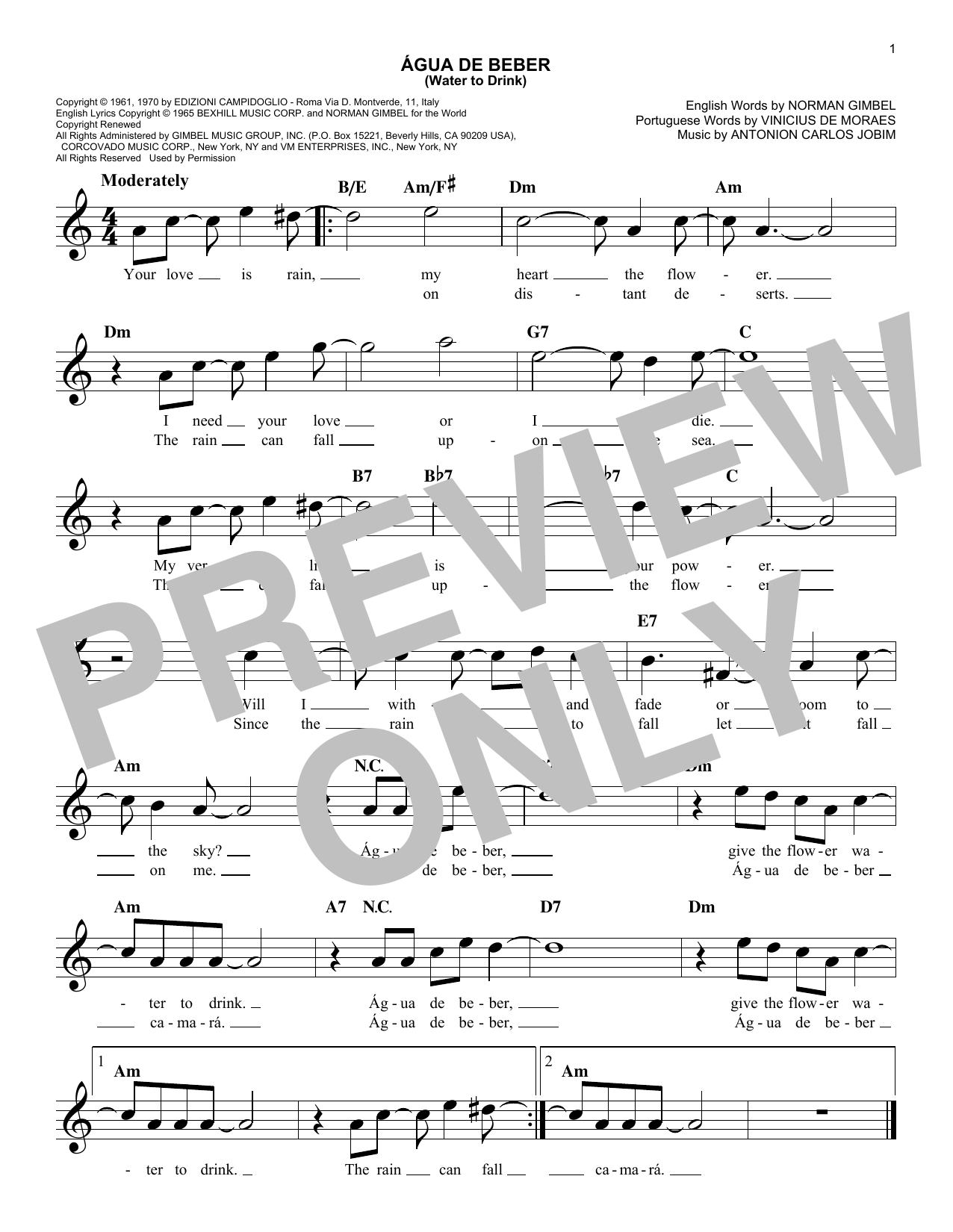 Learn to play Antonio Carlos Jobim Água De Beber (Water To Drink) sheet music for Real Book – Melody & Chords in minutes. Antonio Carlos Jobim Água De Beber (Water To Drink) sheet music preview music notes and score for Real Book – Melody & Chords including 2 page(s)
