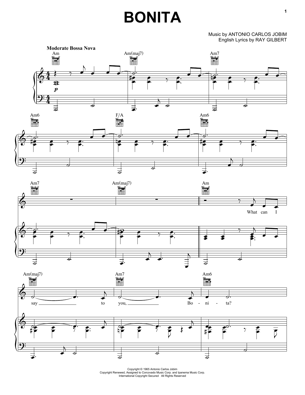 Learn to play Antonio Carlos Jobim Bonita sheet music for Real Book – Melody & Chords in minutes. Antonio Carlos Jobim Bonita sheet music preview music notes and score for Real Book – Melody & Chords including 2 page(s)