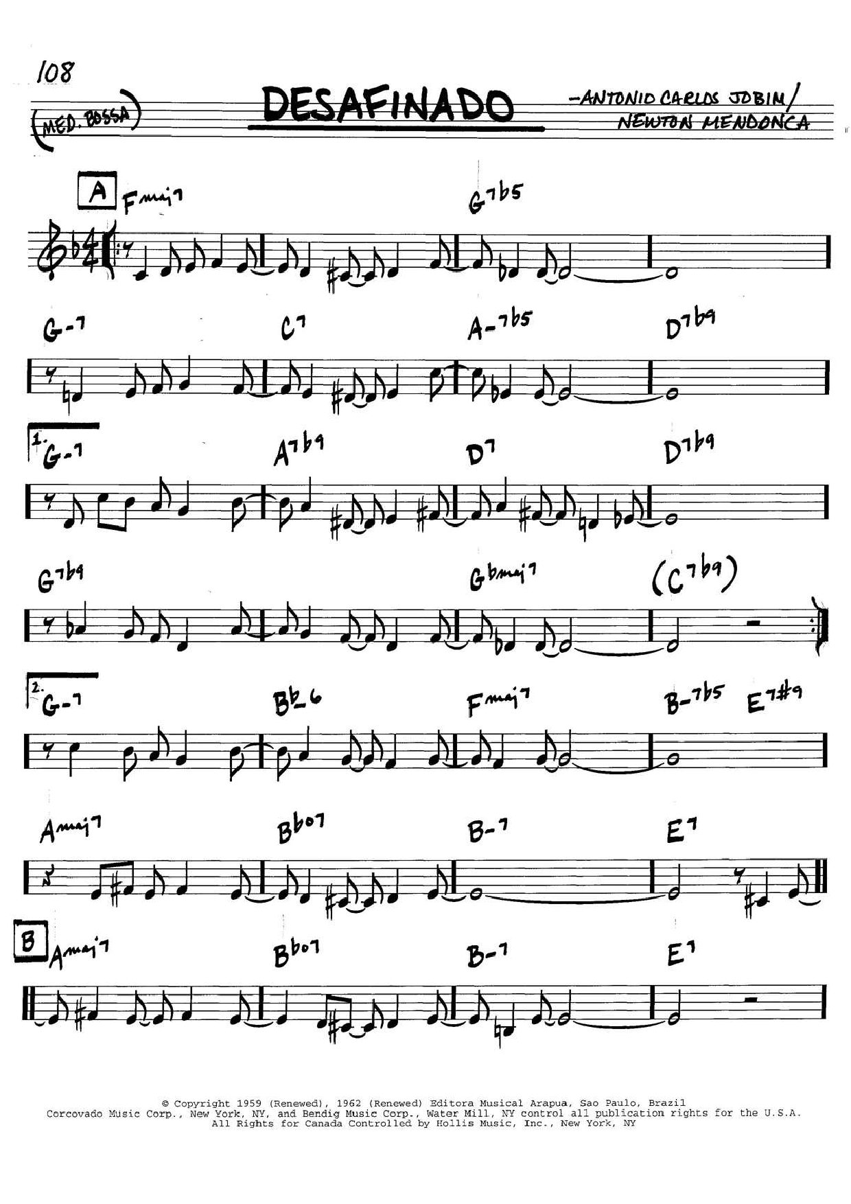 Learn to play Antonio Carlos Jobim Desafinado (Slightly Out Of Tune) sheet music for Real Book - Melody & Chords - Bb Instruments in minutes. Antonio Carlos Jobim Desafinado (Slightly Out Of Tune) sheet music preview music notes and score for Real Book - Melody & Chords - Bb Instruments including 2 page(s)