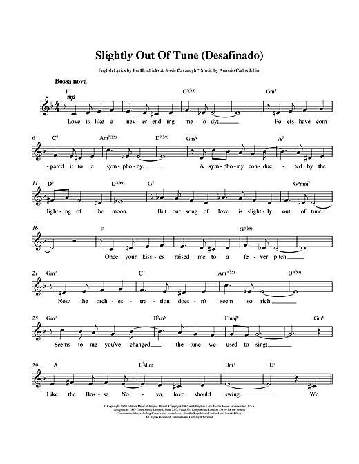 Learn to play Antonio Carlos Jobim Desafinado (Slightly Out Of Tune) sheet music for Easy Piano in minutes. Antonio Carlos Jobim Desafinado (Slightly Out Of Tune) sheet music preview music notes and score for Easy Piano including 5 page(s)