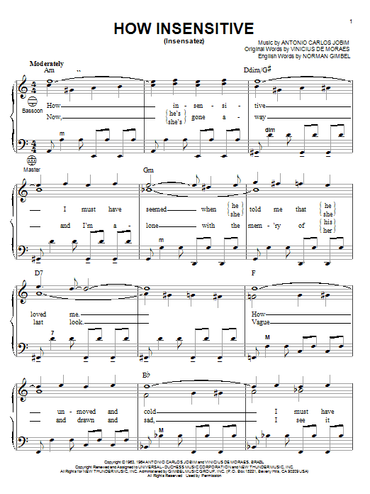 Learn to play Antonio Carlos Jobim How Insensitive (Insensatez) sheet music for Guitar Tab in minutes. Antonio Carlos Jobim How Insensitive (Insensatez) sheet music preview music notes and score for Guitar Tab including 2 page(s)