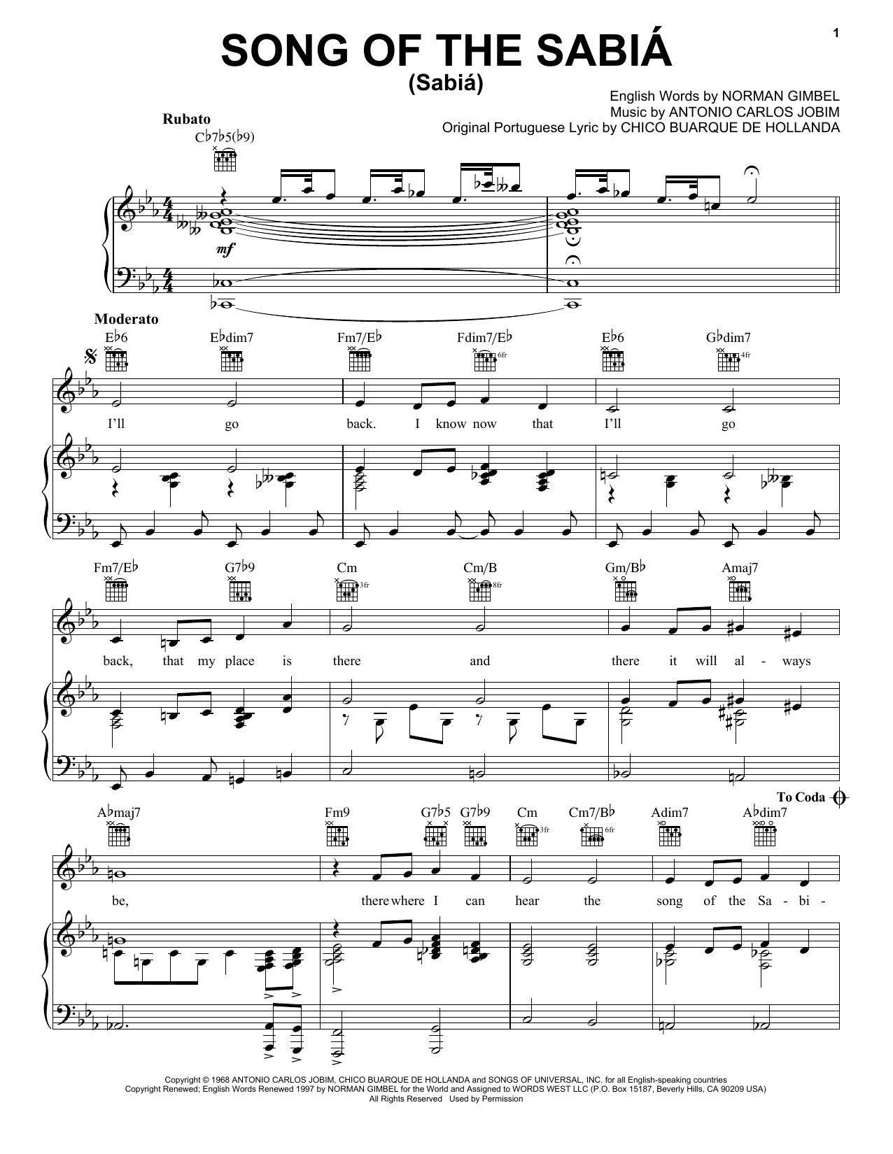 Learn to play Antonio Carlos Jobim Song Of The Sabia (Sabia) sheet music for Piano, Vocal & Guitar (Right-Hand Melody) in minutes. Antonio Carlos Jobim Song Of The Sabia (Sabia) sheet music preview music notes and score for Piano, Vocal & Guitar (Right-Hand Melody) including 4 page(s)