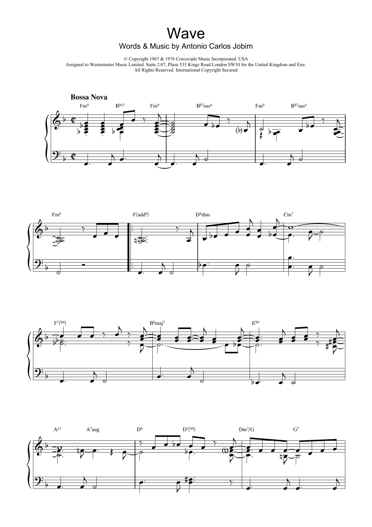 Learn to play Antonio Carlos Jobim Wave sheet music for Real Book – Melody & Chords in minutes. Antonio Carlos Jobim Wave sheet music preview music notes and score for Real Book – Melody & Chords including 1 page(s)