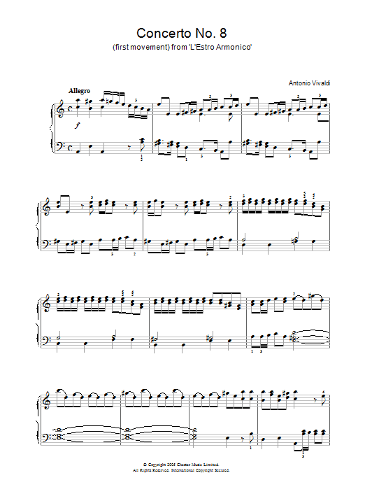 Antonio Vivaldi Concerto No.8 (1st Movement: Allegro) from ‘L'Estro Armonico' Op.3 sheet music preview music notes and score for Piano including 4 page(s)