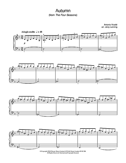 Learn to play Antonio Vivaldi Autumn, 2nd movement (from The Four Seasons) sheet music for Piano in minutes. Antonio Vivaldi Autumn, 2nd movement (from The Four Seasons) sheet music notes and chords