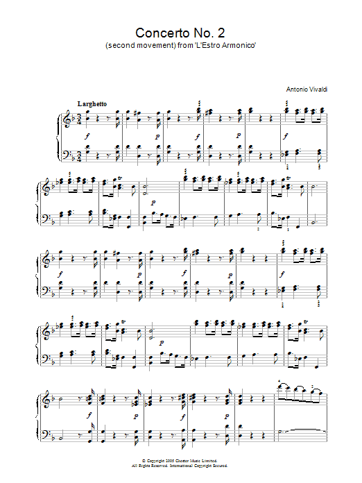 Antonio Vivaldi Concerto No.2 (2nd Movement: Larghetto) from ‘L'Estro Armonico' Op.3 sheet music preview music notes and score for Piano including 2 page(s)