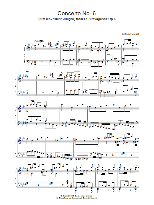 Antonio Vivaldi Concerto No.6 (1st Movement: Allegro) from ‘La Stravaganza' Op.4 sheet music preview music notes and score for Piano including 6 page(s)