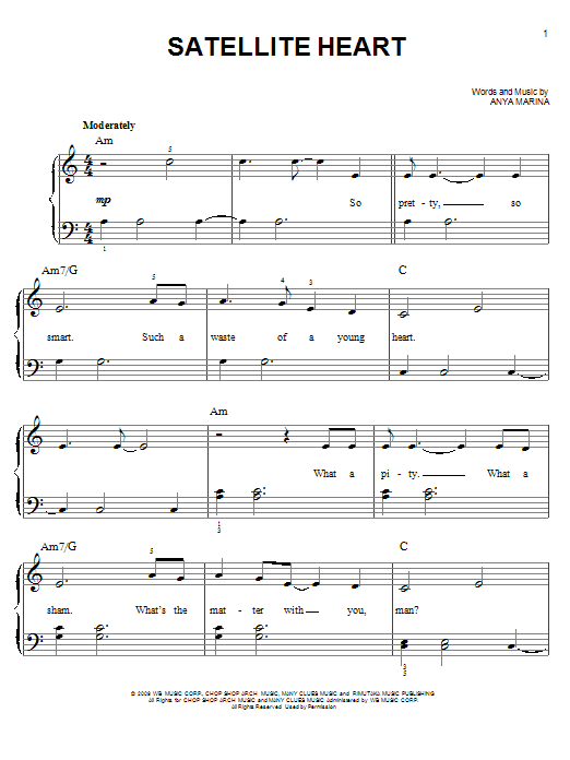 Learn to play Anya Marina Satellite Heart sheet music for Easy Piano in minutes. Anya Marina Satellite Heart sheet music preview music notes and score for Easy Piano including 5 page(s)