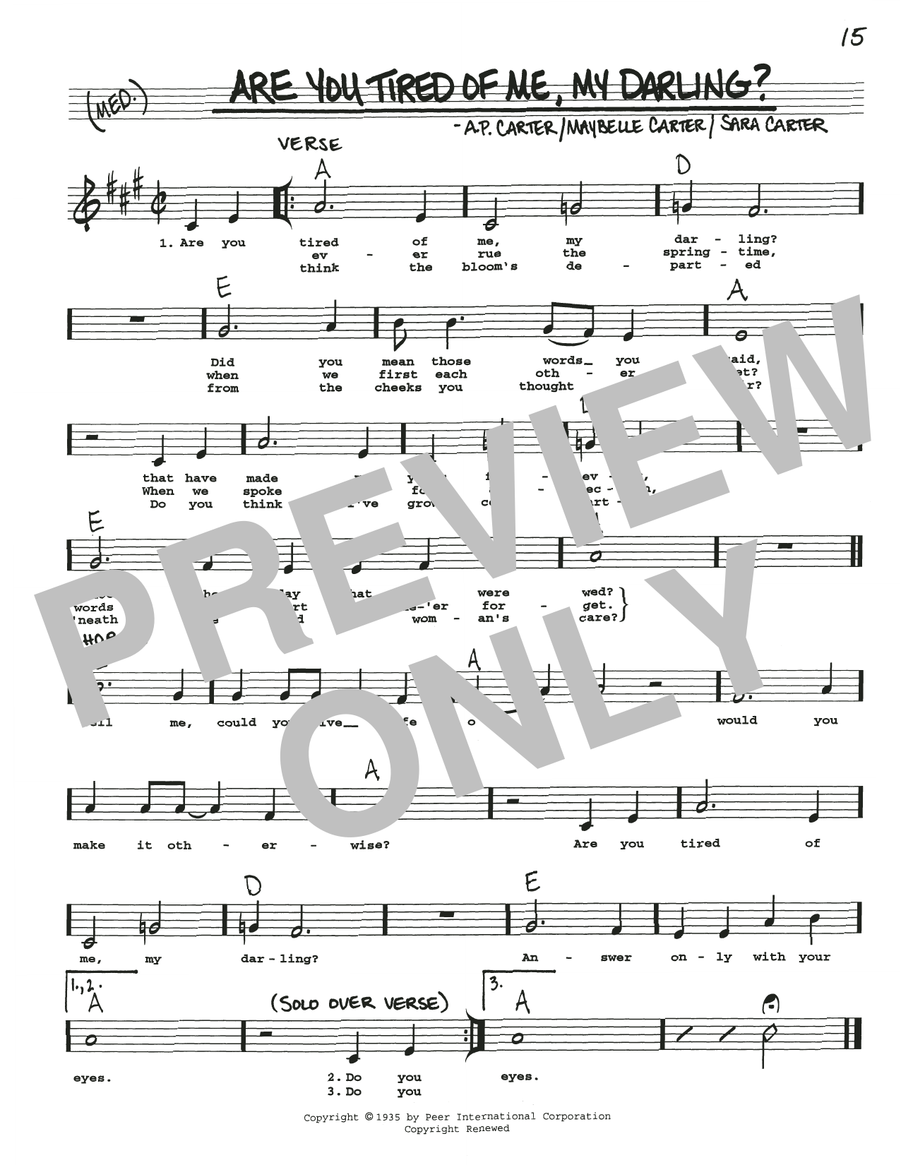 A.P. Carter Are You Tired Of Me, My Darling? sheet music, chords, lyrics - Printable PDF for Real Book – Melody, Lyrics & Chords