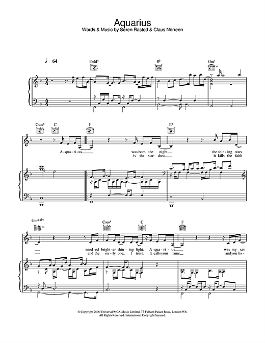 Learn to play Aqua Aquarius sheet music for Piano, Vocal & Guitar in minutes. Aqua Aquarius sheet music notes and chords