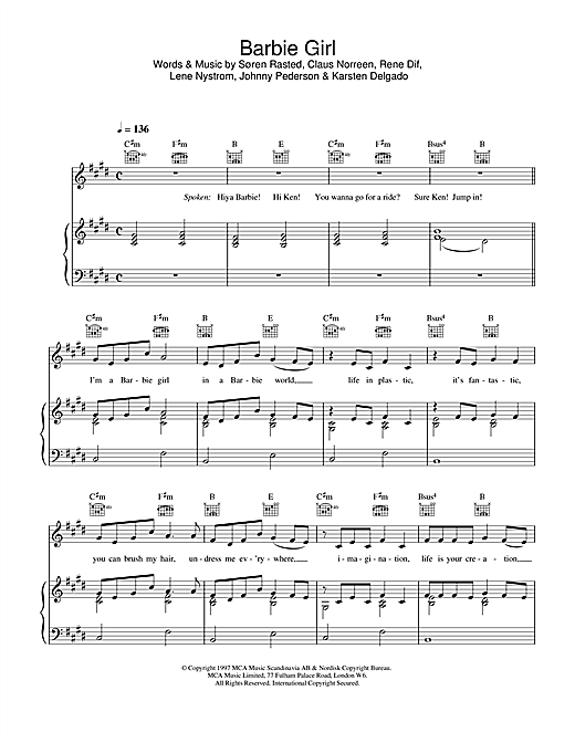 Learn to play Aqua Barbie Girl sheet music for Piano, Vocal & Guitar (Right-Hand Melody) in minutes. Aqua Barbie Girl sheet music notes and chords