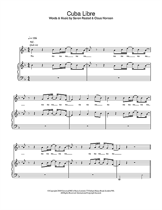 Learn to play Aqua Cuba Libre sheet music for Piano, Vocal & Guitar (Right-Hand Melody) in minutes. Aqua Cuba Libre sheet music notes and chords
