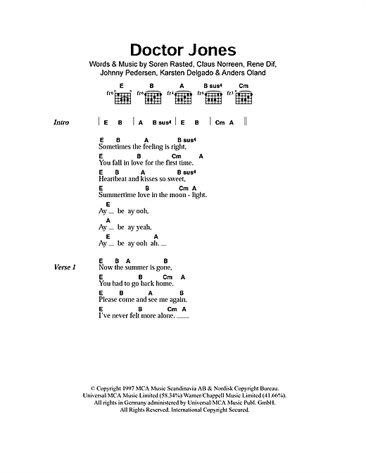 Aqua Doctor Jones sheet music, chords, lyrics - Printable PDF for Lyrics & Chords