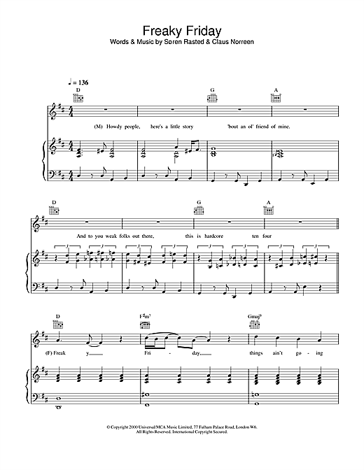 Learn to play Aqua Freaky Friday sheet music for Piano, Vocal & Guitar in minutes. Aqua Freaky Friday sheet music notes and chords