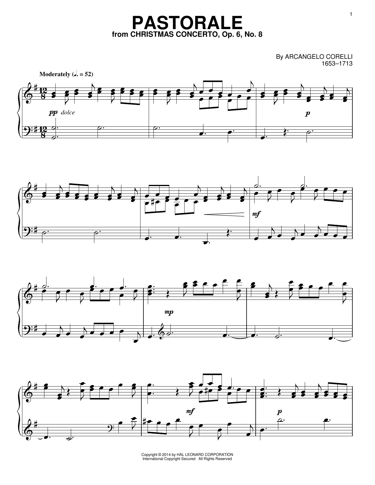Arcangelo Corelli Pastorale sheet music, chords, lyrics - Printable PDF for Piano
