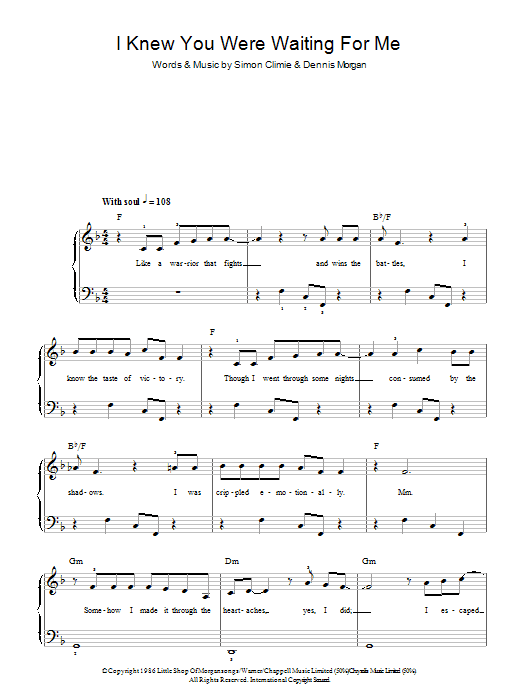 Aretha Franklin & George Michael I Knew You Were Waiting (For Me) sheet music, chords, lyrics - Printable PDF for Beginner Piano