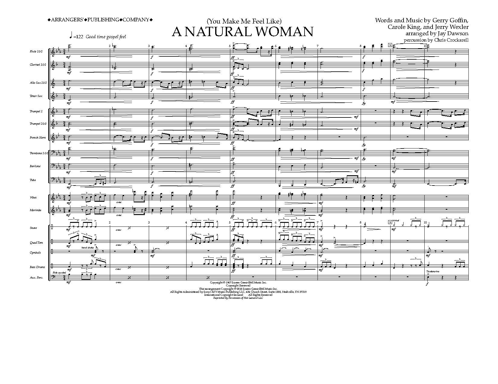 Aretha Franklin (You Make Me Feel Like) A Natural Woman (arr. Jay Dawson) - Full Score sheet music preview music notes and score for Marching Band including 8 page(s)
