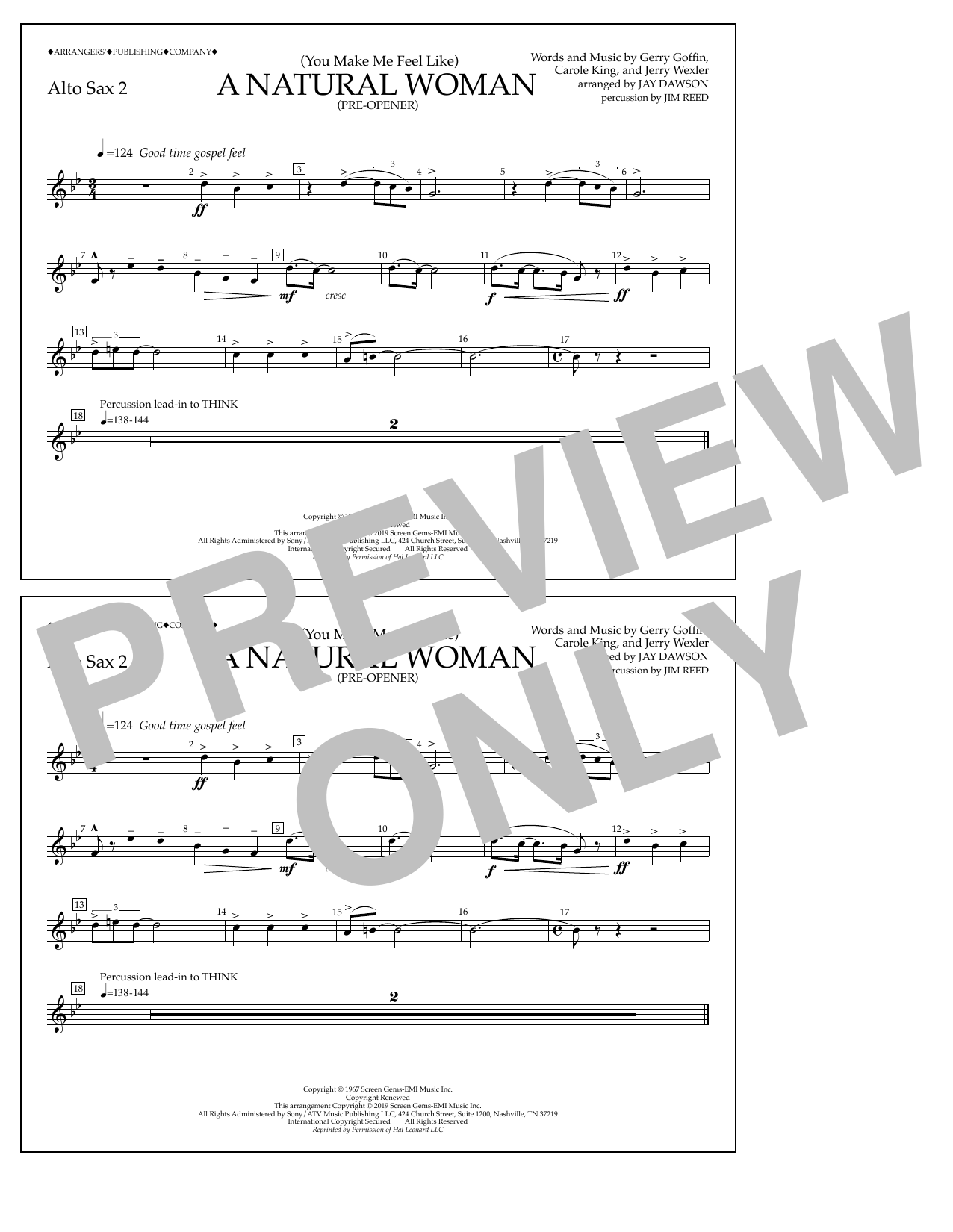 Aretha Franklin (You Make Me Feel Like) A Natural Woman (Pre-Opener) (arr. Jay Dawson) - Alto Sax 2 sheet music preview music notes and score for Marching Band including 1 page(s)