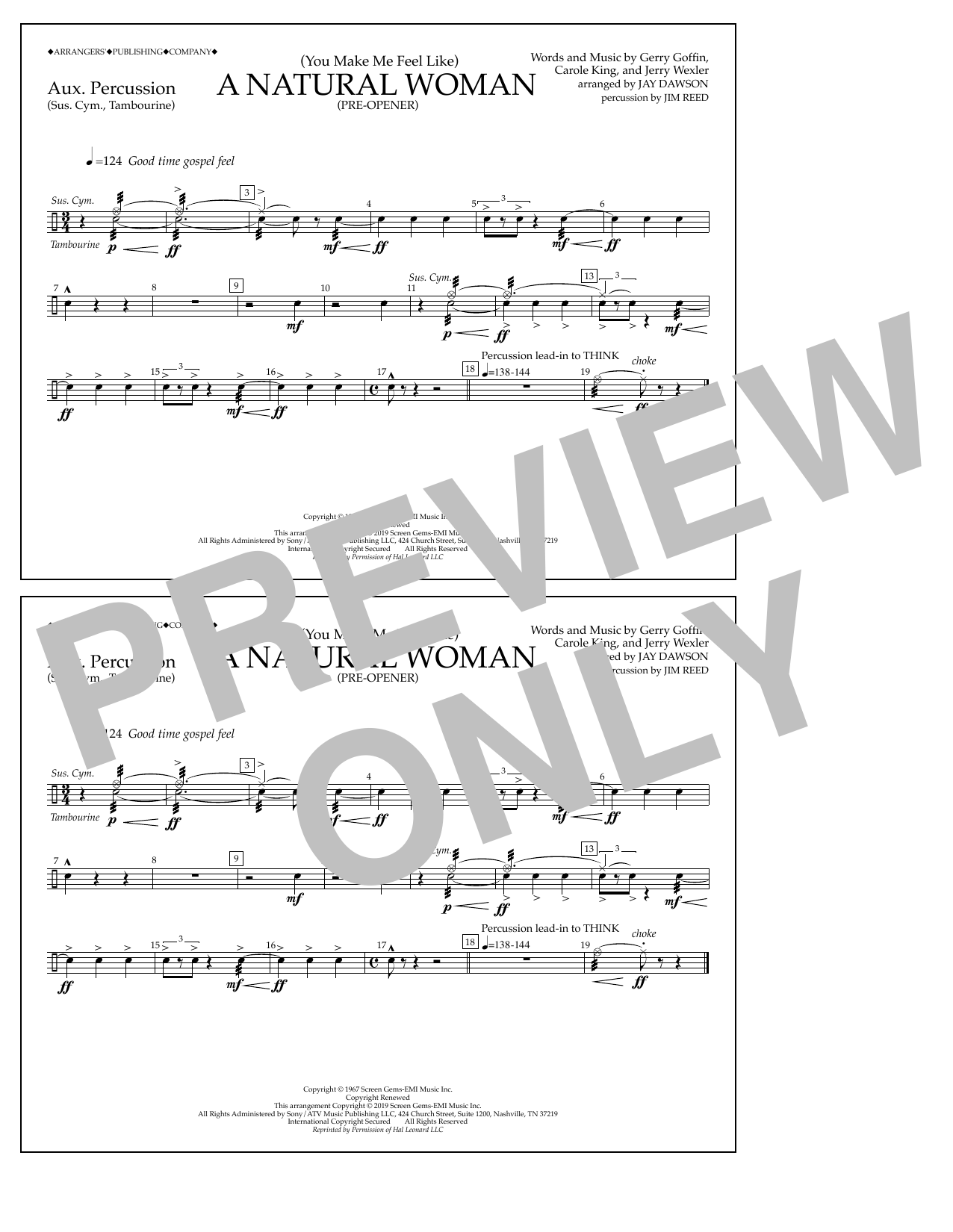 Aretha Franklin (You Make Me Feel Like) A Natural Woman (Pre-Opener) (arr. Jay Dawson) - Aux. Percussion sheet music preview music notes and score for Marching Band including 1 page(s)