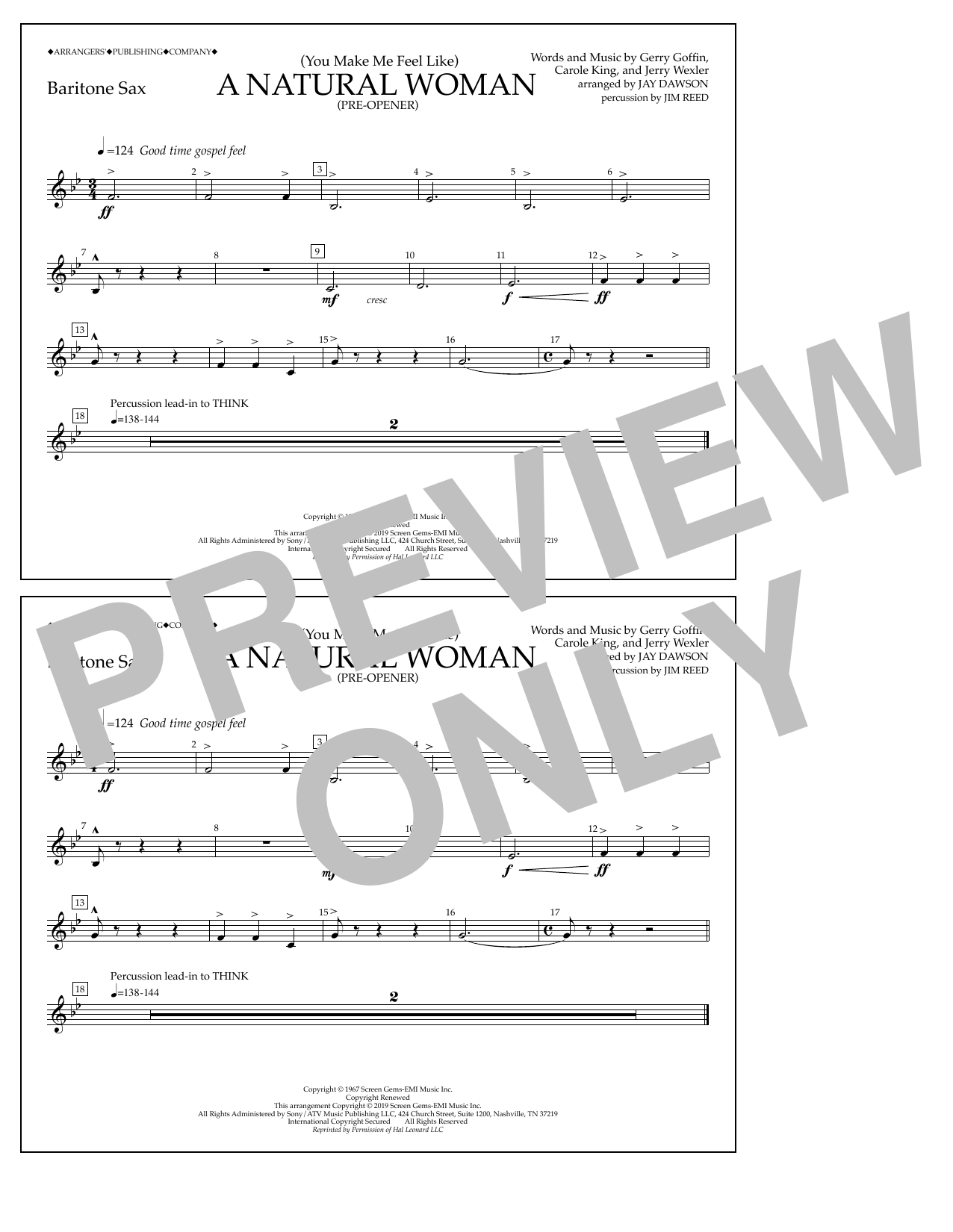 Aretha Franklin (You Make Me Feel Like) A Natural Woman (Pre-Opener) (arr. Jay Dawson) - Bari Sax sheet music preview music notes and score for Marching Band including 1 page(s)