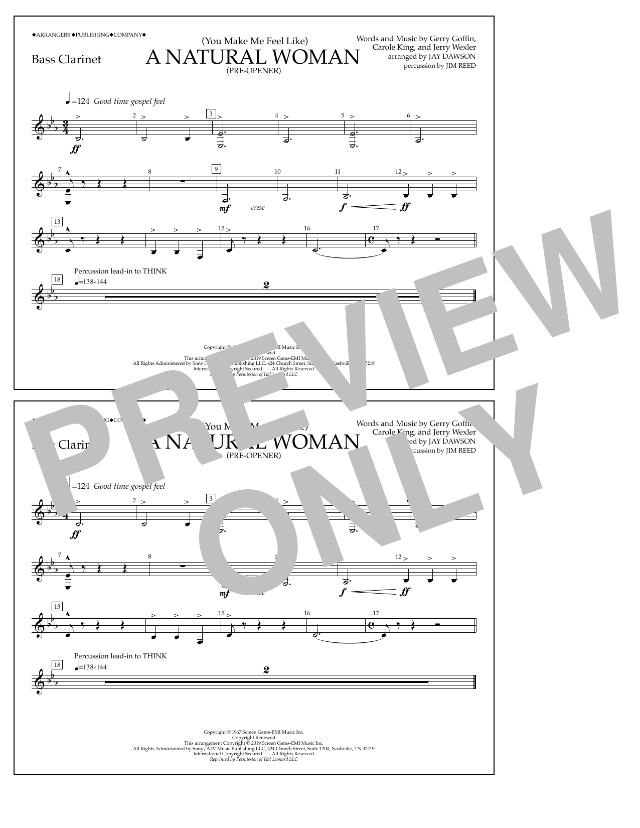 Aretha Franklin (You Make Me Feel Like) A Natural Woman (Pre-Opener) (arr. Jay Dawson) - Bass Clarinet sheet music preview music notes and score for Marching Band including 1 page(s)