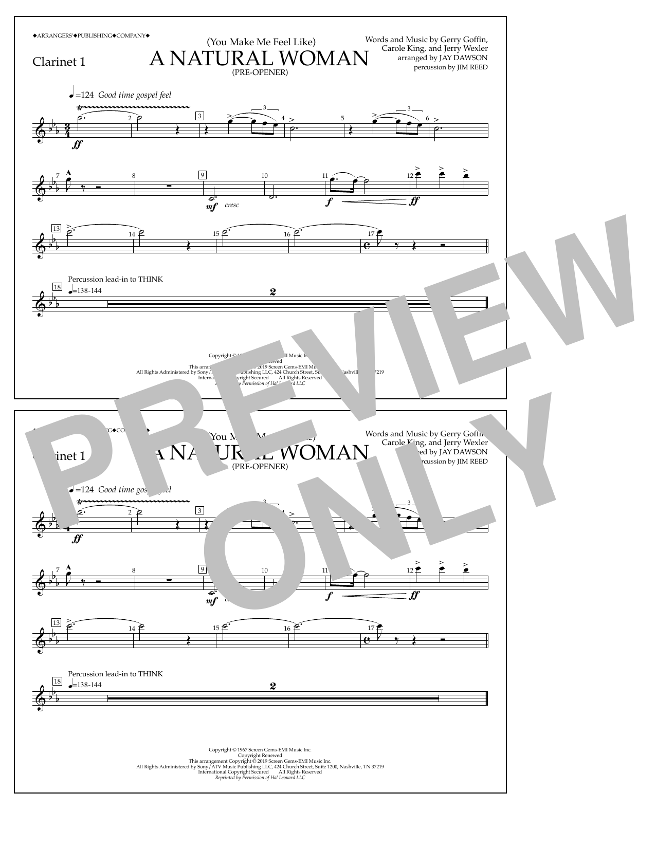 Aretha Franklin (You Make Me Feel Like) A Natural Woman (Pre-Opener) (arr. Jay Dawson) - Clarinet 1 sheet music preview music notes and score for Marching Band including 1 page(s)