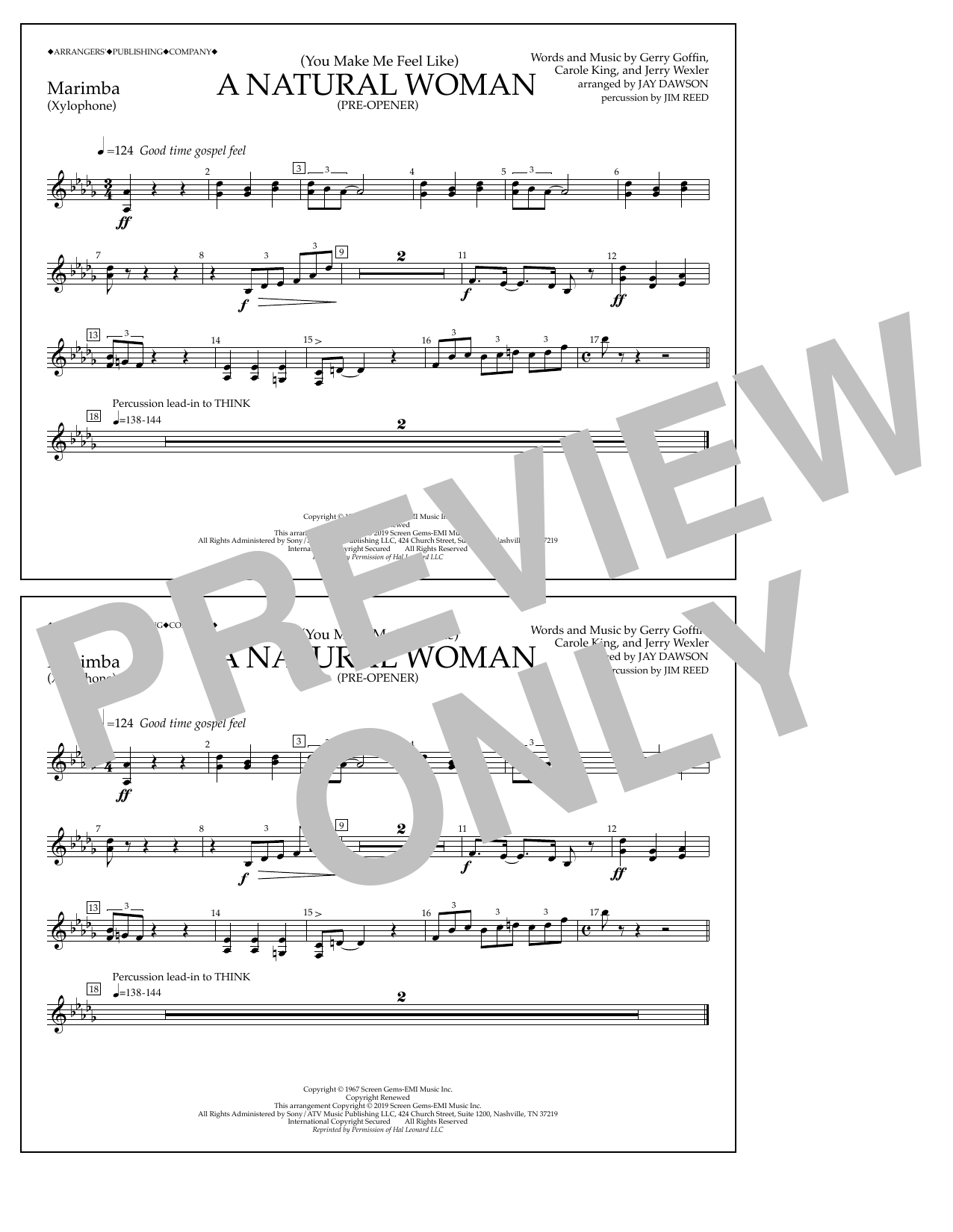 Aretha Franklin (You Make Me Feel Like) A Natural Woman (Pre-Opener) (arr. Jay Dawson) - Marimba sheet music preview music notes and score for Marching Band including 1 page(s)