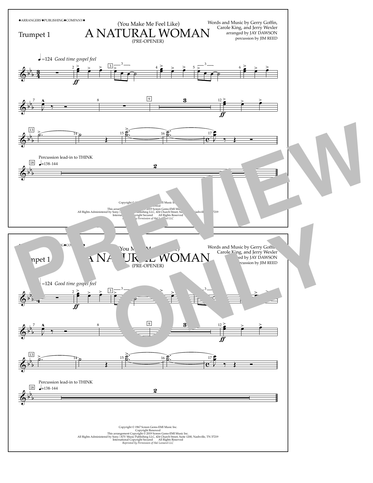 Aretha Franklin (You Make Me Feel Like) A Natural Woman (Pre-Opener) (arr. Jay Dawson) - Trumpet 1 sheet music preview music notes and score for Marching Band including 1 page(s)