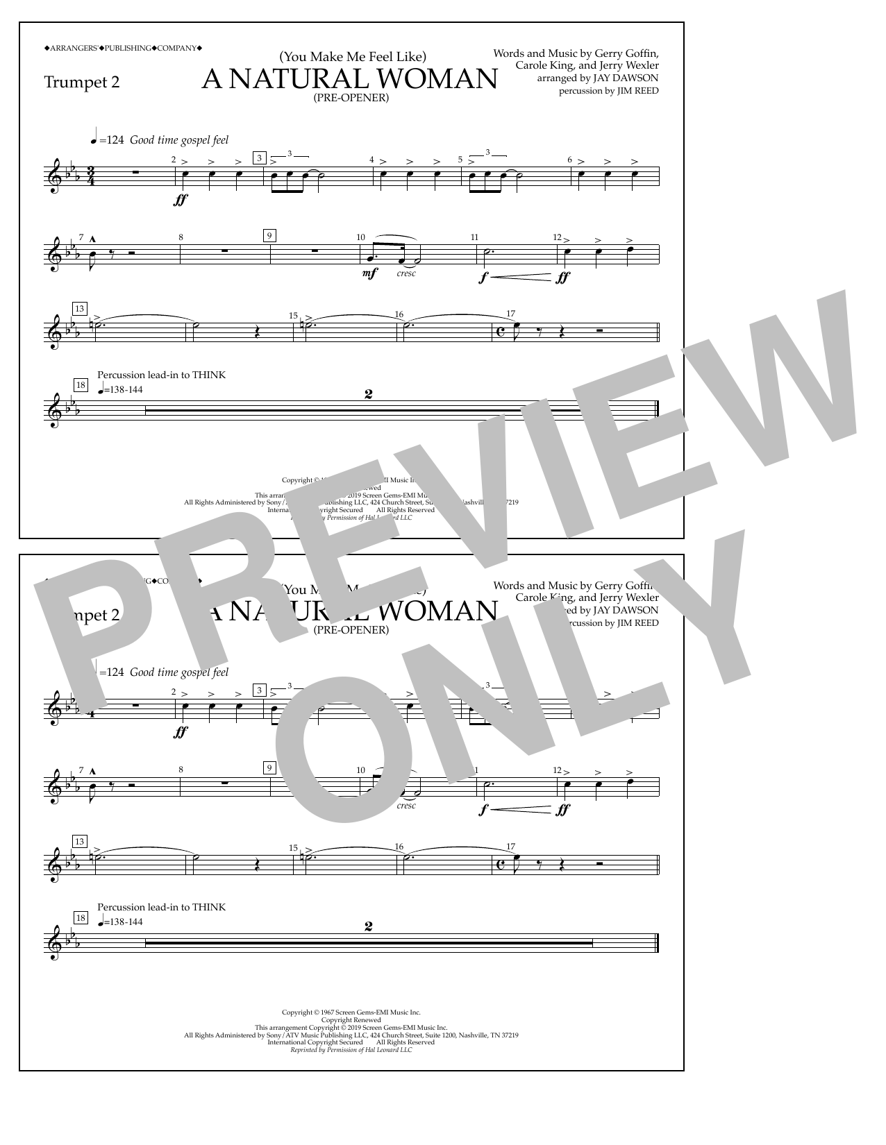 Aretha Franklin (You Make Me Feel Like) A Natural Woman (Pre-Opener) (arr. Jay Dawson) - Trumpet 2 sheet music preview music notes and score for Marching Band including 1 page(s)