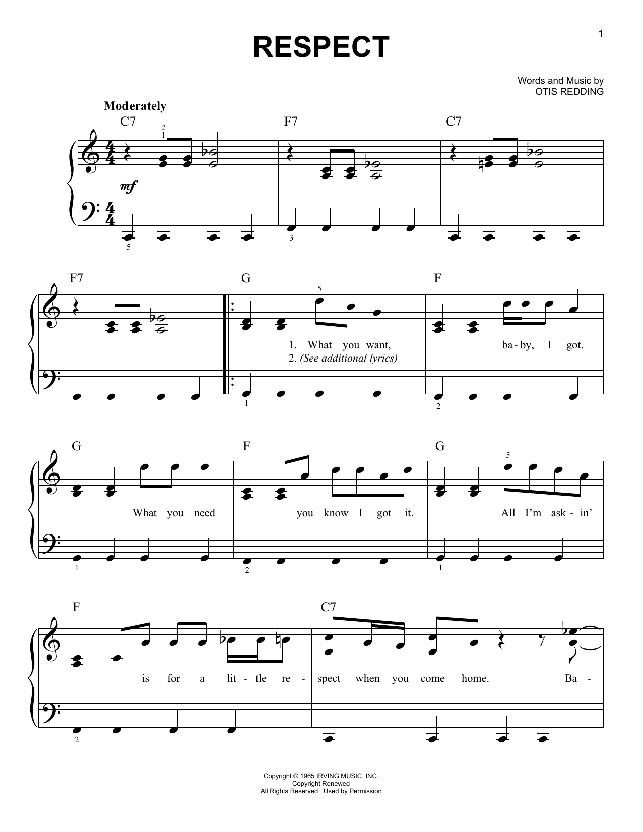 Learn to play Aretha Franklin Respect sheet music for Piano, Vocal & Guitar (Right-Hand Melody) in minutes. Aretha Franklin Respect sheet music notes and chords