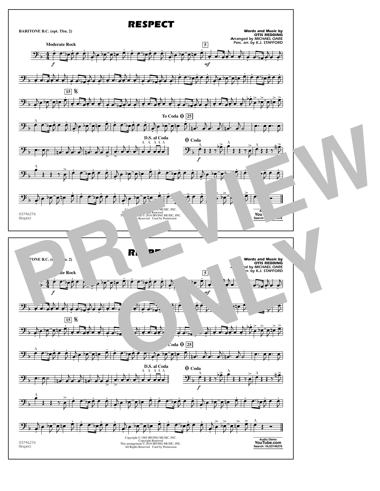 Learn to play Aretha Franklin Respect (arr. Michael Oare) - Baritone B.C. (Opt. Tbn. 2) sheet music for Marching Band in minutes. Aretha Franklin Respect (arr. Michael Oare) - Baritone B.C. (Opt. Tbn. 2) sheet music preview music notes and score for Marching Band including 1 page(s)