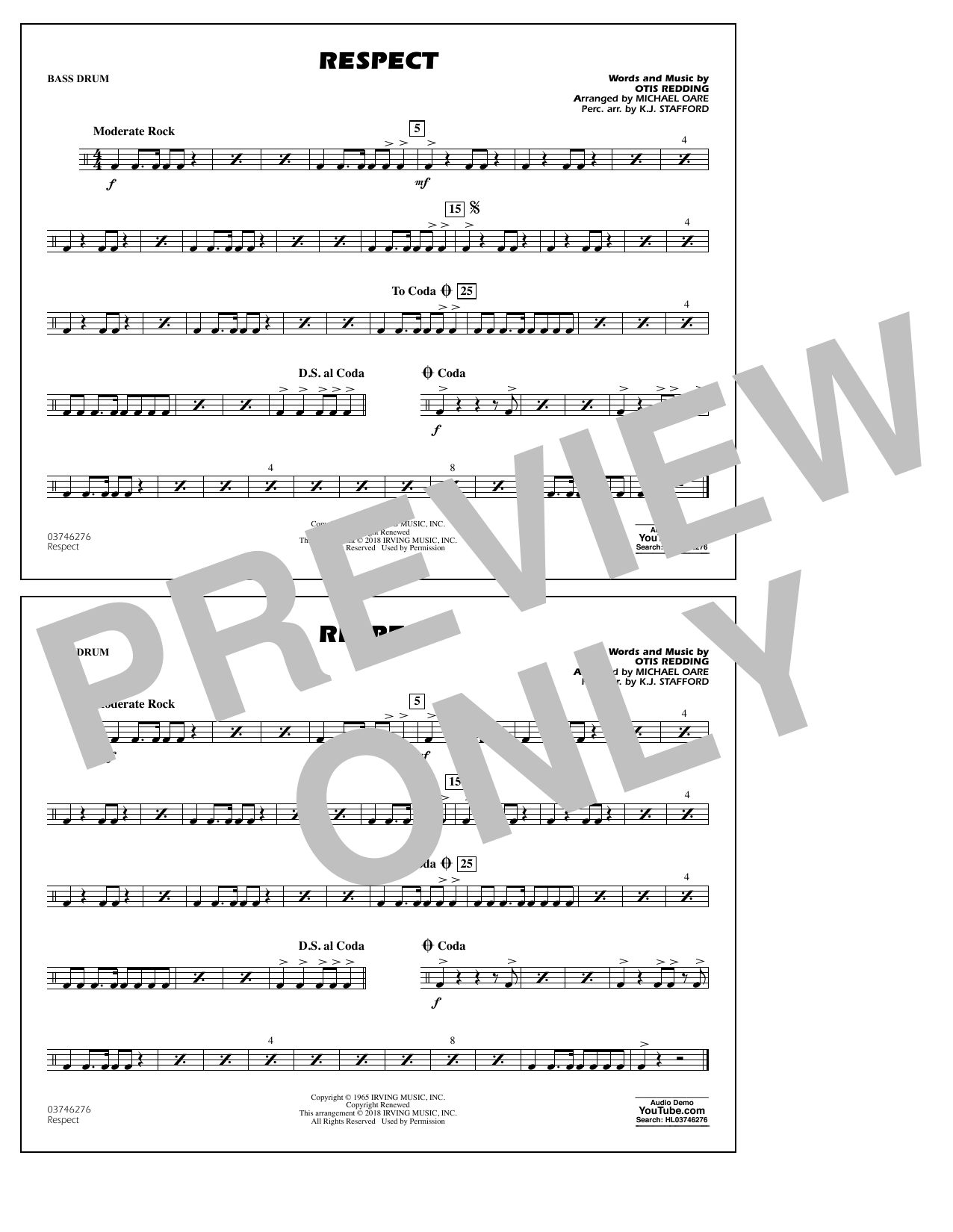 Learn to play Aretha Franklin Respect (arr. Michael Oare) - Bass Drum sheet music for Marching Band in minutes. Aretha Franklin Respect (arr. Michael Oare) - Bass Drum sheet music preview music notes and score for Marching Band including 1 page(s)