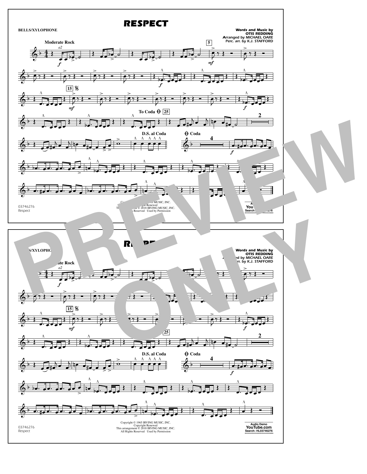 Learn to play Aretha Franklin Respect (arr. Michael Oare) - Bells/Xylophone sheet music for Marching Band in minutes. Aretha Franklin Respect (arr. Michael Oare) - Bells/Xylophone sheet music preview music notes and score for Marching Band including 1 page(s)