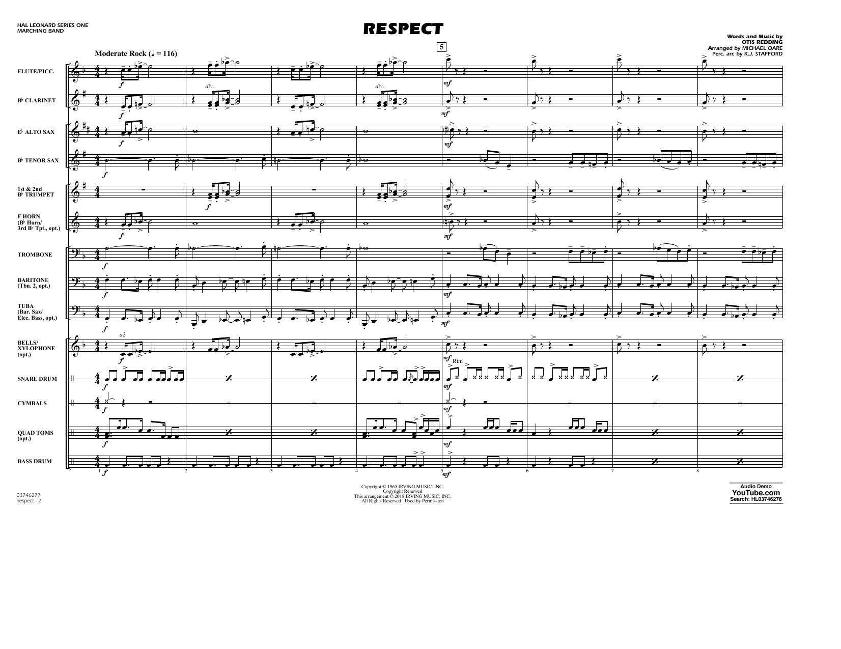 Learn to play Aretha Franklin Respect (arr. Michael Oare) - Conductor Score (Full Score) sheet music for Marching Band in minutes. Aretha Franklin Respect (arr. Michael Oare) - Conductor Score (Full Score) sheet music preview music notes and score for Marching Band including 6 page(s)
