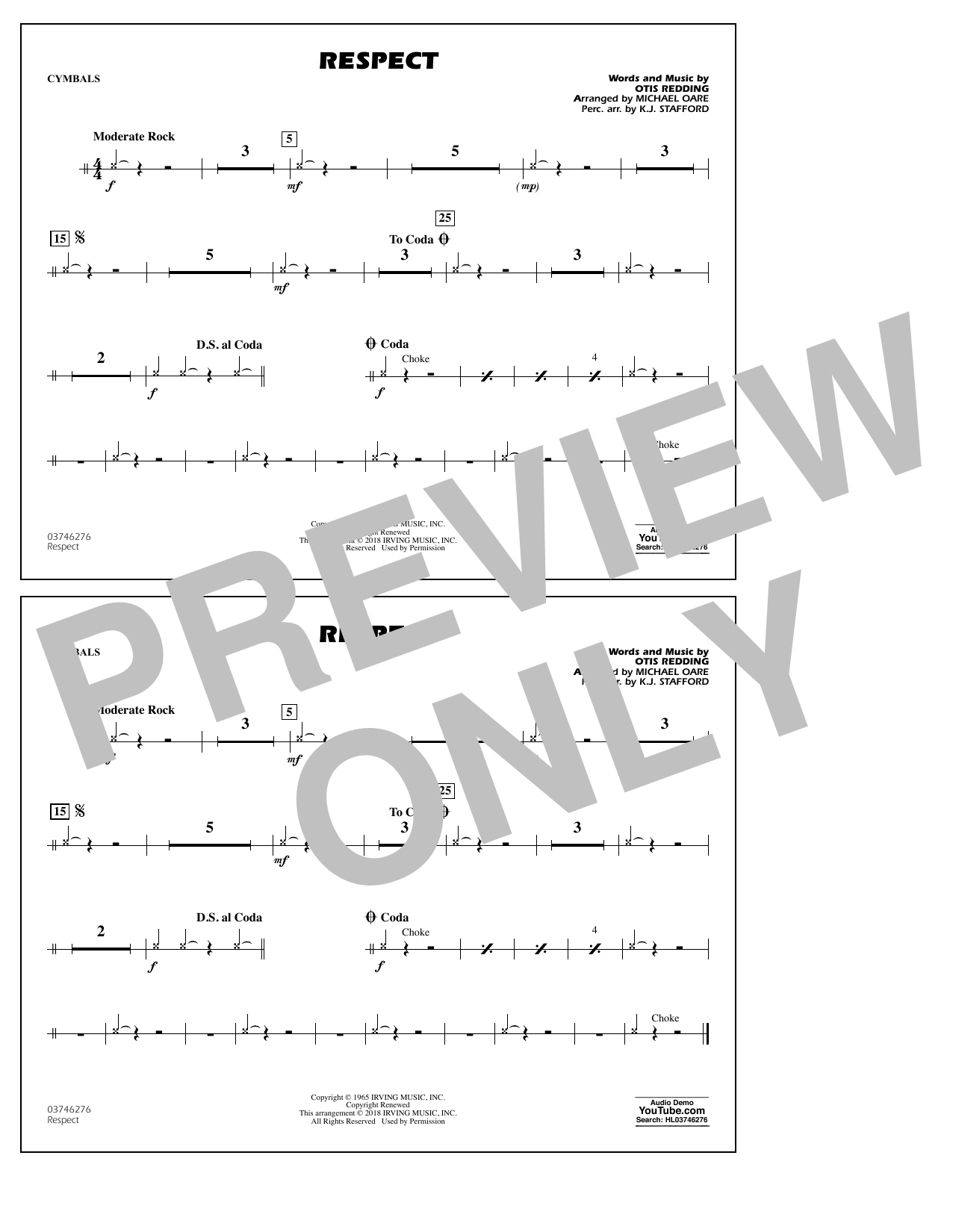 Learn to play Aretha Franklin Respect (arr. Michael Oare) - Cymbals sheet music for Marching Band in minutes. Aretha Franklin Respect (arr. Michael Oare) - Cymbals sheet music preview music notes and score for Marching Band including 1 page(s)