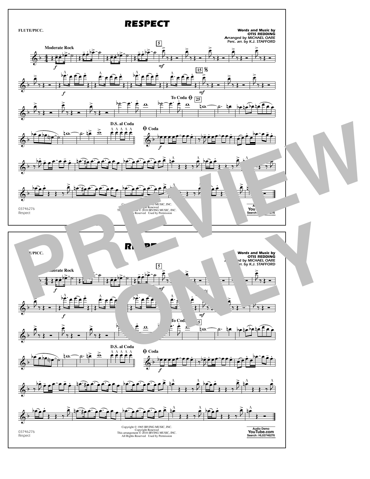 Learn to play Aretha Franklin Respect (arr. Michael Oare) - Flute/Piccolo sheet music for Marching Band in minutes. Aretha Franklin Respect (arr. Michael Oare) - Flute/Piccolo sheet music preview music notes and score for Marching Band including 1 page(s)