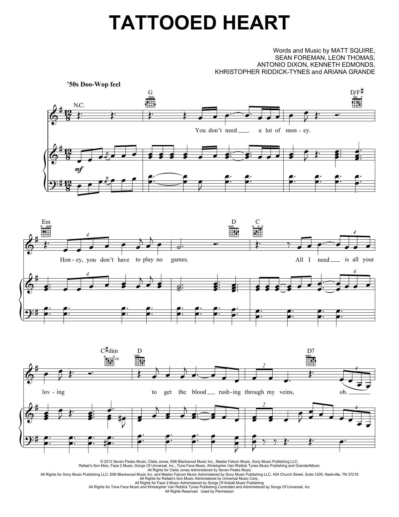 Learn to play Ariana Grande Tattooed Heart sheet music for Piano, Vocal & Guitar (Right-Hand Melody) in minutes. Ariana Grande Tattooed Heart sheet music preview music notes and score for Piano, Vocal & Guitar (Right-Hand Melody) including 5 page(s)