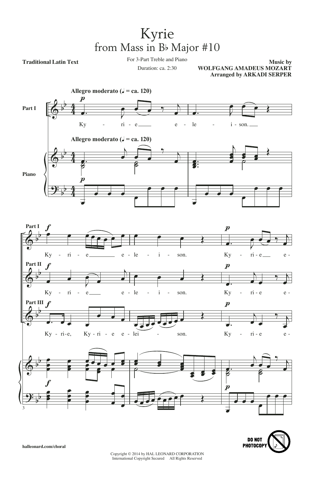 Arkadi Serper Kyrie (From The Mass In B-Flat Major #10) sheet music, chords, lyrics - Printable PDF for 3-Part Treble