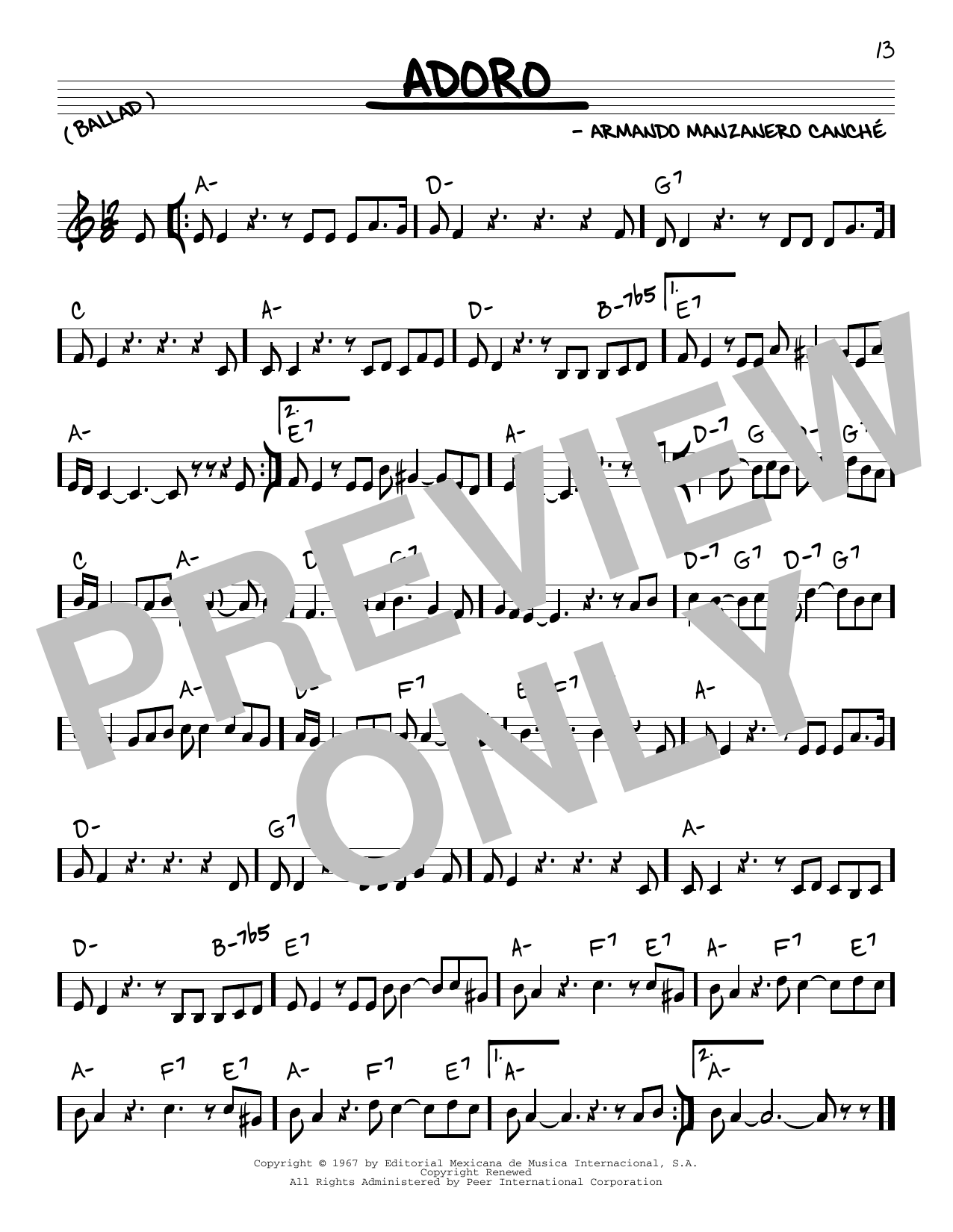 Learn to play Armando Manzanero Canche Adoro sheet music for Real Book – Melody & Chords in minutes. Armando Manzanero Canche Adoro sheet music preview music notes and score for Real Book – Melody & Chords including 1 page(s)