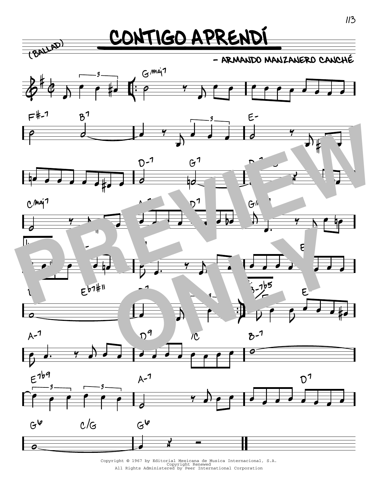 Armando Manzanero Canche Contigo Aprendi sheet music preview music notes and score for Piano, Vocal & Guitar Chords (Right-Hand Melody) including 4 page(s)
