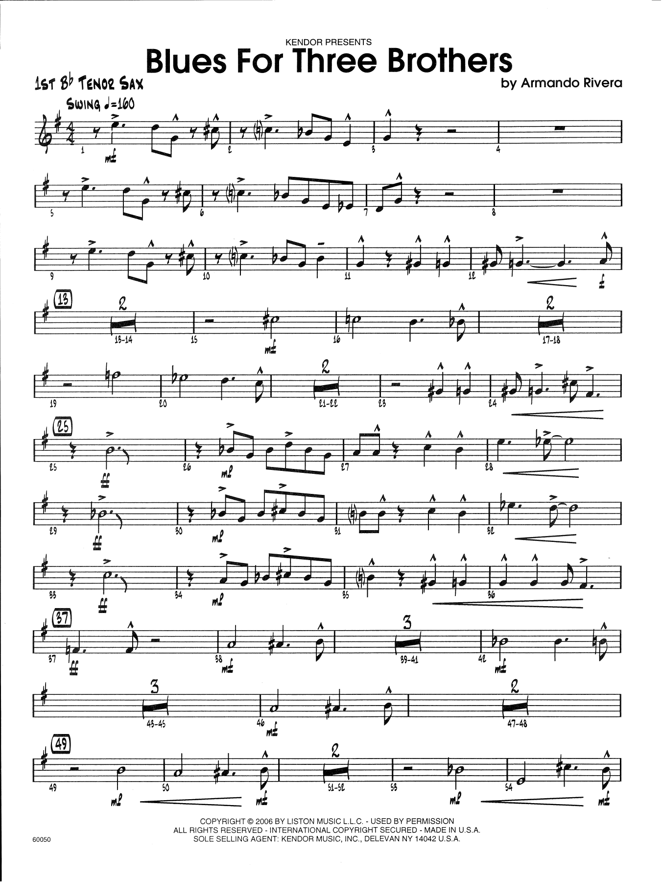 Armando Rivera Blues For Three Brothers - 1st Tenor Saxophone sheet music preview music notes and score for Jazz Ensemble including 2 page(s)