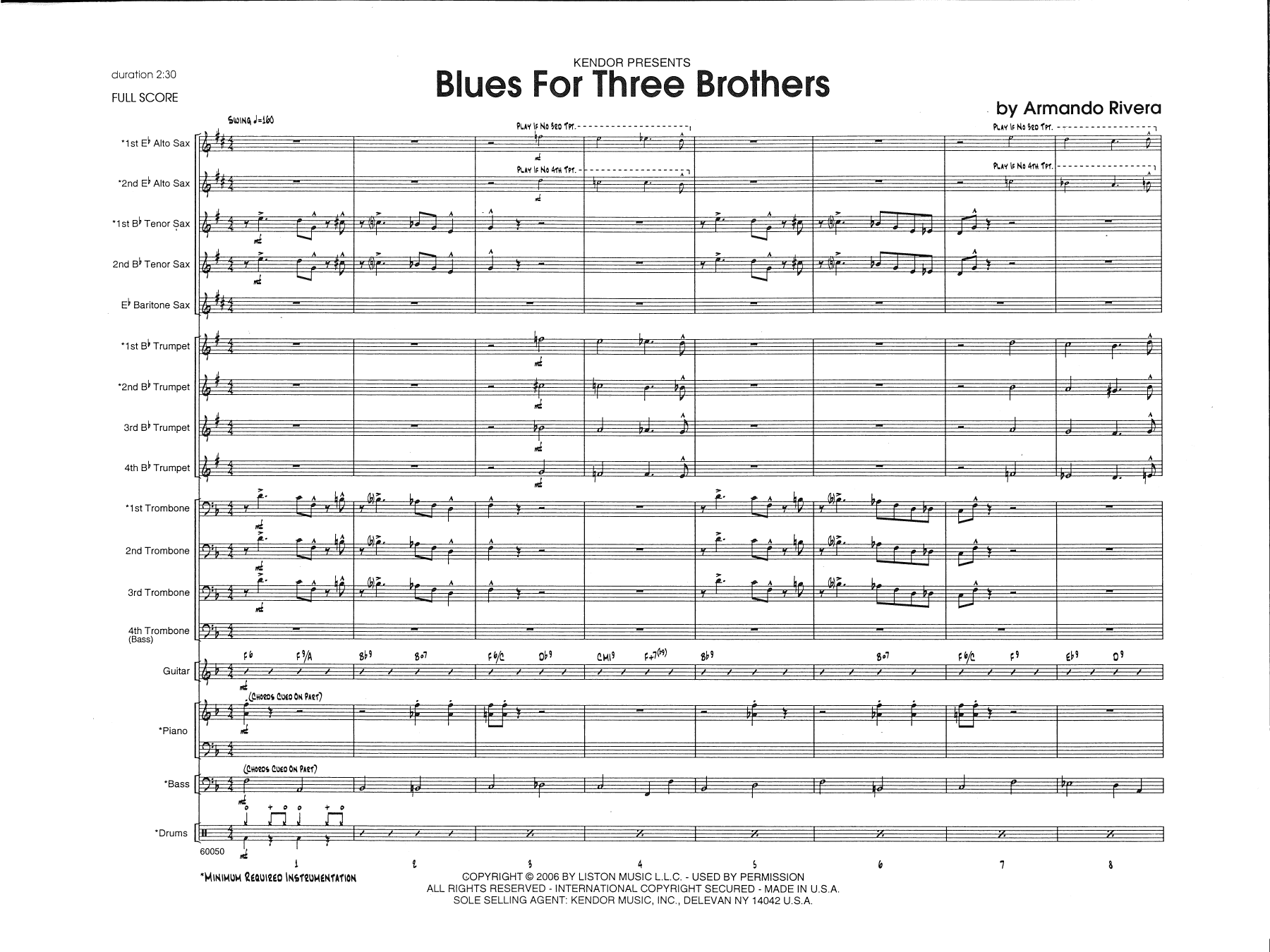 Learn to play Armando Rivera Blues For Three Brothers - Full Score sheet music for Jazz Ensemble in minutes. Armando Rivera Blues For Three Brothers - Full Score sheet music preview music notes and score for Jazz Ensemble including 14 page(s)